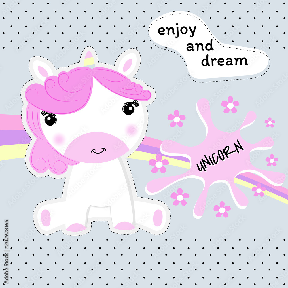 Greeting card cute cartoon baby unicorn