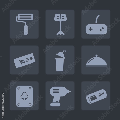 Premium set of fill icons. Such as hot, musical, dish, tool, concert, black, plate, musician, sign, ticket, poker, controller, drink, industry, airplane, music, air, casino, journey, travel, cup, fly