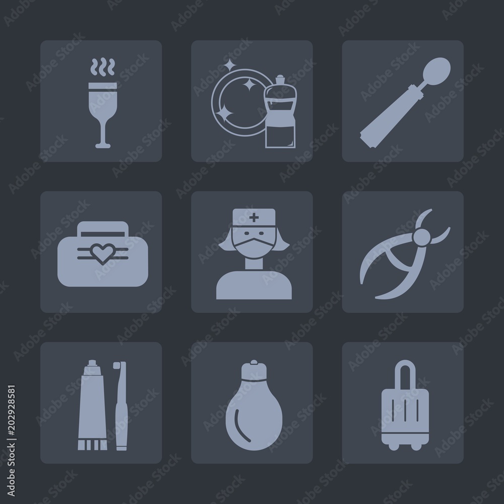Premium set of fill icons. Such as clean, baggage, health, glass, fashion, bottle, red, wineglass, spoon, dentist, bucket, power, clinic, winery, toothbrush, bag, housework, drink, light, dinner, idea