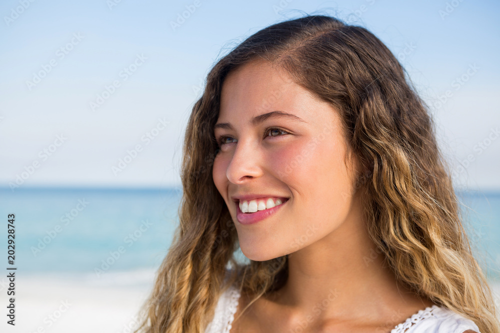 Close up smiling thoughtful woman Close up smiling thoughtful woman