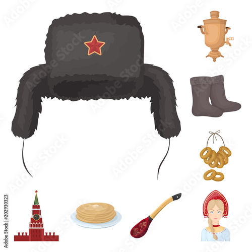 Country Russia, travel cartoon icons in set collection for design. Attractions and features vector symbol stock web illustration.