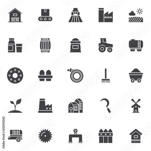 Farming vector icons set, modern solid symbol collection, filled style pictogram pack. Signs, logo illustration. Set includes icons as barn house, conveyor, agricultural machinery, factory station