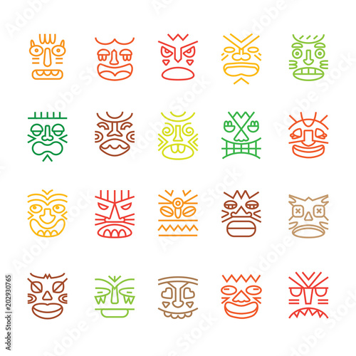 Tiki totem colored smile emotions faces muzzles line icons collection set