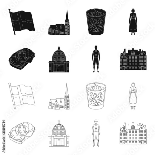 Denmark, history, restaurant, and other web icon in black,outline style.Sandwich, food, bread, icons in set collection.