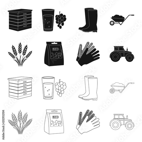 Spikelets of wheat, a packet of seeds, a tractor, gloves.Farm set collection icons in black,outline style vector symbol stock illustration web.
