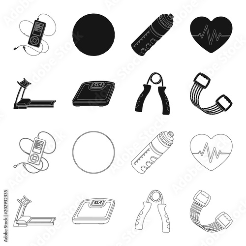 Treadmill, scales, expander and other equipment for training.Gym and workout set collection icons in black,outline style vector symbol stock illustration web. photo