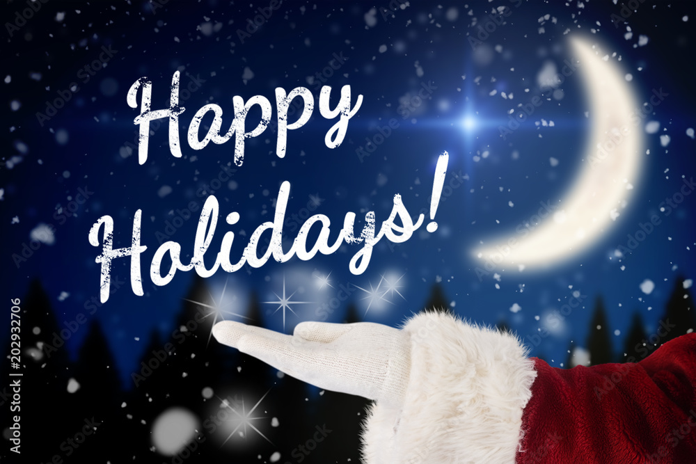 Santa Claus shows open hand against crescent moon over forest at night Santa Claus shows open hand against crescent moon over forest at night