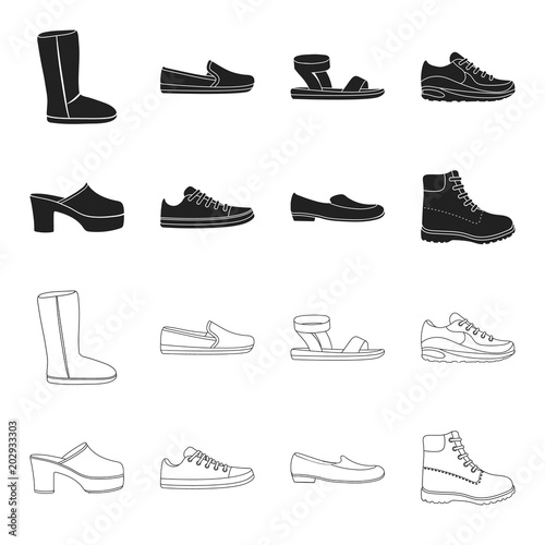 Flip-flops, clogs on a high platform and heel, green sneakers with laces, female gray ballet flats, red shoes on the tractor sole. Shoes set collection icons in black,outline style vector symbol stock