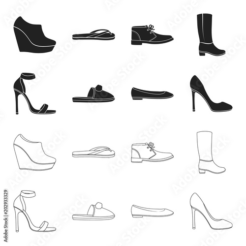 Blue high-heeled sandals, homemade lilac slippers with a pampon, pink women ballet flats, brown high-heeled shoes. Shoes set collection icons in black,outline style vector symbol stock illustration
