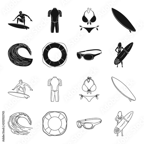 Oncoming wave, life ring, goggles, girl surfing. Surfing set collection icons in black,outline style vector symbol stock illustration web.