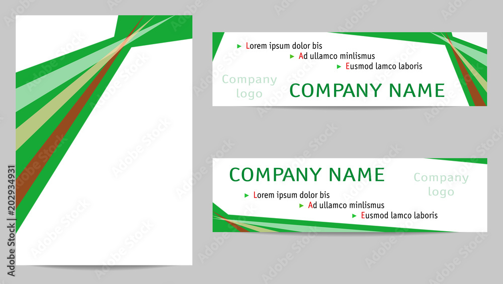 Layout set brochure A4, header, footer. White copy space, green background with transparent triangles. Template for book covers, magazines, leaflets, flyers, banners, portfolio, catalogs. EPS10 vector