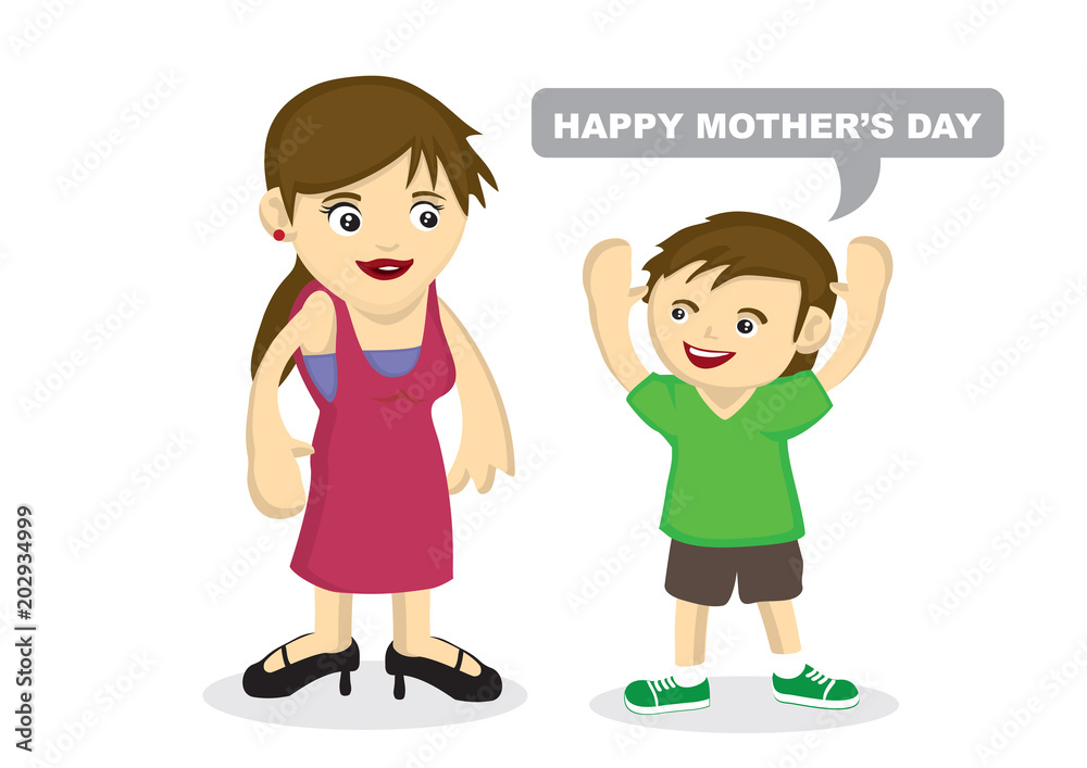 Vector cartoon illustration of a child giving a greeting to his mother. Vector cartoon illustration of a child giving a greeting to his mother.