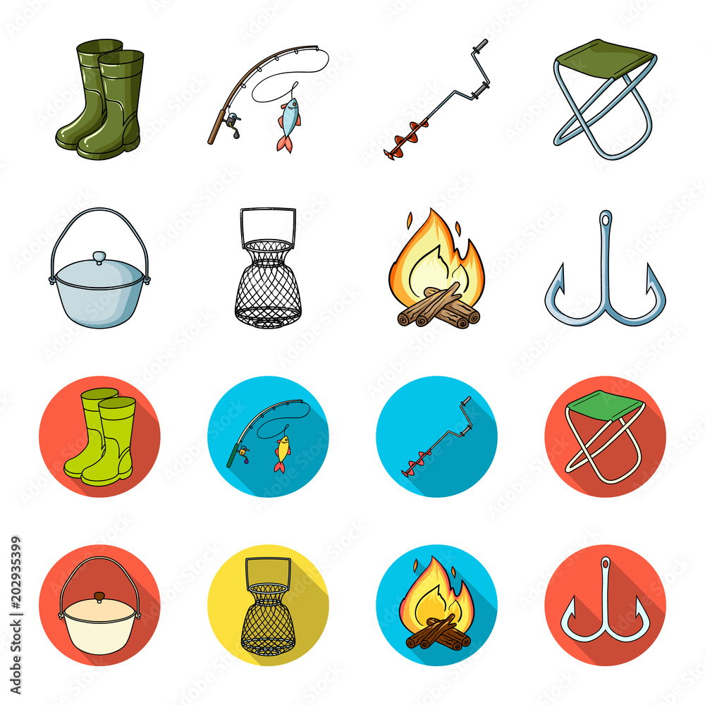 Catch, hook, mesh, caster .Fishing set collection icons in cartoon,flat
