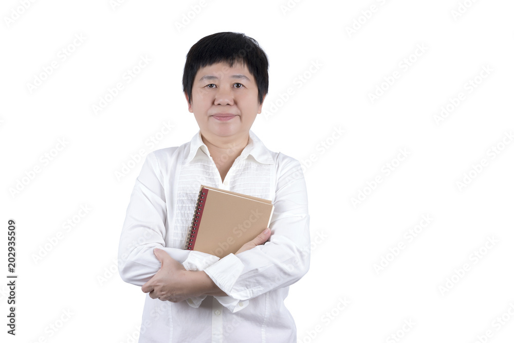 Asian Middle-aged woman in white shirt holding book in her hand isolated on white background
