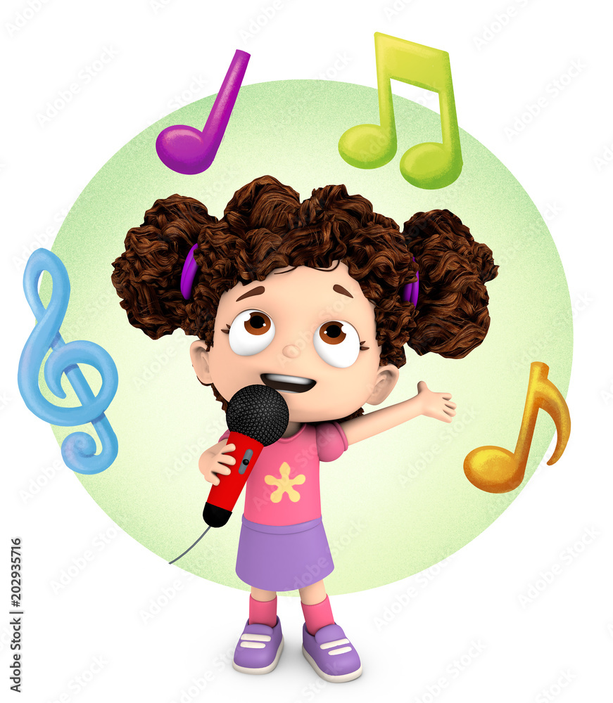 niña feliz con microfono cantando Illustration Adobe Stock
