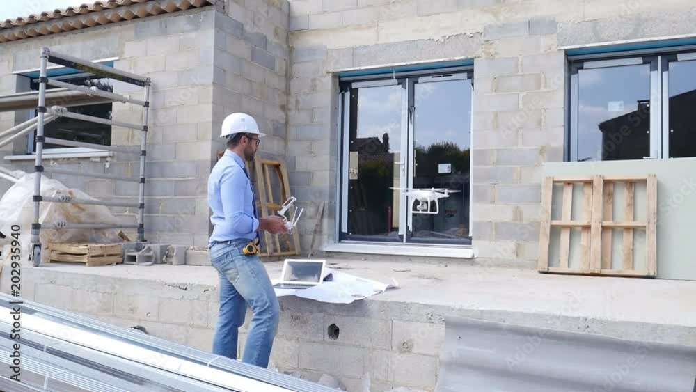 handsome architect flying inspection drone for aerial view of a house construction site industry