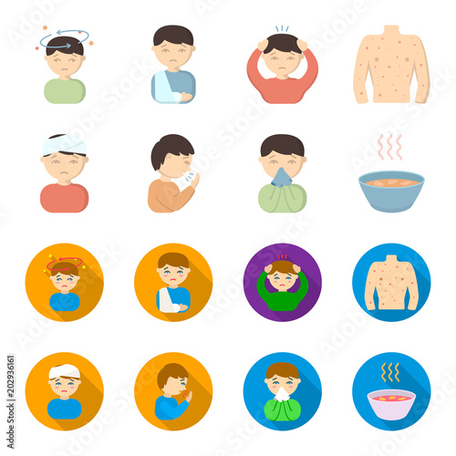 A man with a bandaged head, a man coughing, a man snorts a snot, a bowl, a bowl of hot broth into a handkerchief. Sick set collection icons in cartoon,flat style vector symbol stock illustration web.