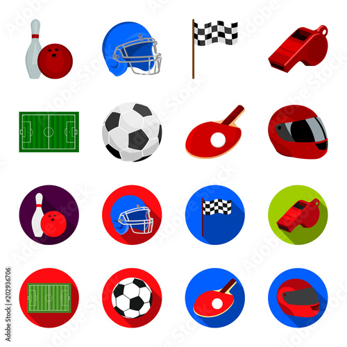 Field, stadium with markings for playing football, football ball, racket with a ball for ping-pong, protective helmet for the game,glove for baseball or rugby. Sport set collection icons in cartoon photo