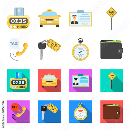 Handset with the inscription of a taxi, car keys with a key fob, a stopwatch with a fare, a purse with money, dollars. Taxi set collection icons in cartoon,flat style vector symbol stock illustration