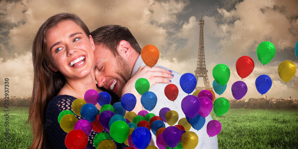 Εκτύπωση καμβά Close up of happy young couple against paris under cloudy sky