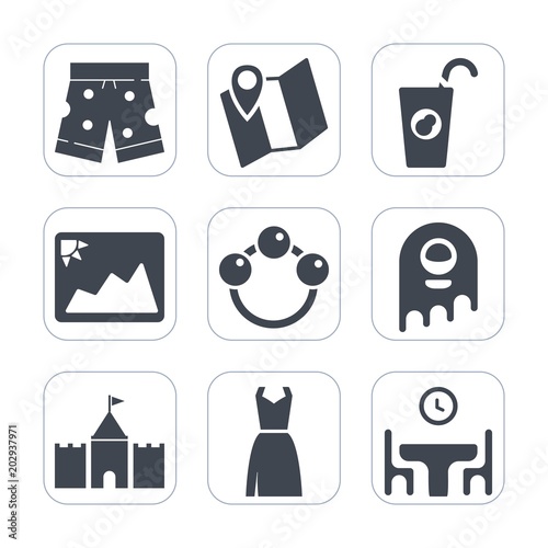 Fototapeta Naklejka Na Ścianę i Meble -  Premium fill icons set on white background . Such as dinner, alien, healthy, pin, rattle, fiction, fruit, family, gps, baby, picture, clothing, female, child, organic, space, location, dress, image