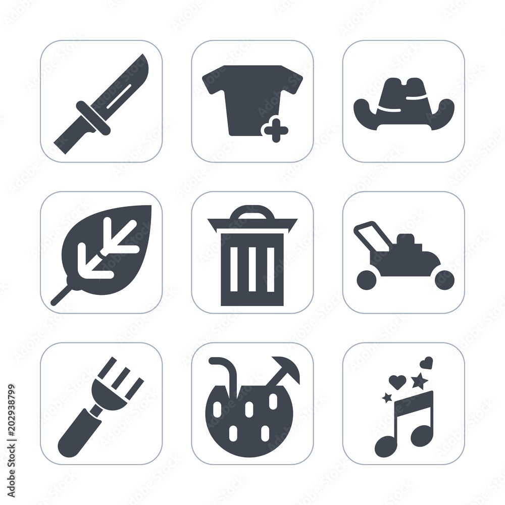 Premium fill icons set on white background . Such as restaurant, spoon, equipment, nature, recycle, note, juice, t-shirt, box, tree, fork, metal, trash, musical, leaf, kitchen, cap, knife, cocktail Premium fill icons set on white background . Such as restaurant, spoon, equipment, nature, recycle, note, juice, t-shirt, box, tree, fork, metal, trash, musical, leaf, kitchen, cap, knife, cocktail