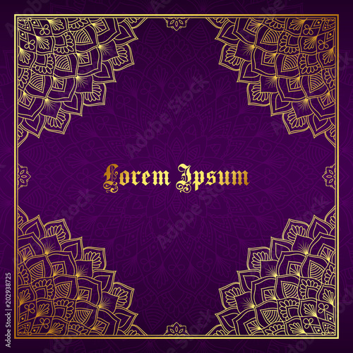 Greeting card, invitation or flyer template with golden mandala ornament. Hand drawn vector illustration