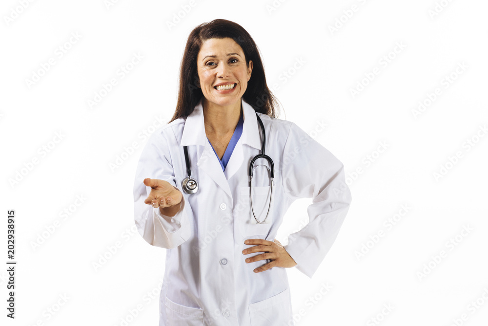 Portrait of a smiling female doctor gesturing at camera, isolated on white studio background Portrait of a smiling female doctor gesturing at camera, isolated on white studio background