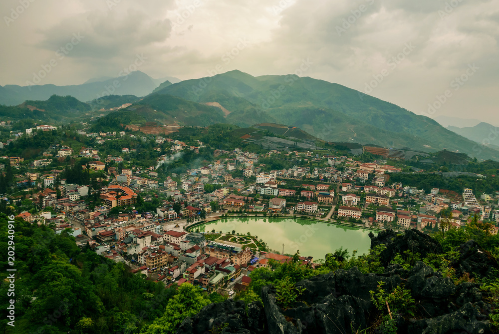 Aerial view of landmark landscape at the hill town in Sapa city with the sunny light, Vietnam