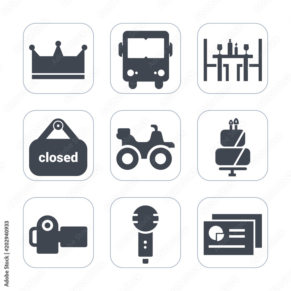 Premium fill icons set on white background . Such as bus, dessert, extreme, dinner, restaurant, travel, shop, photo, coffee, business, crown, sign, photography, cake, quad, camera, banner, road, chart Premium fill icons set on white background . Such as bus, dessert, extreme, dinner, restaurant, travel, shop, photo, coffee, business, crown, sign, photography, cake, quad, camera, banner, road, chart