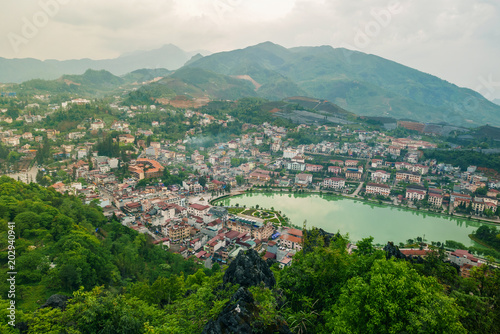 Aerial view of landmark landscape at the hill town in Sapa city with the sunny light  Vietnam