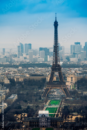 Aerial cityscape of Paris, France, with the Eiffel tower seen from the Tour Montparnasse