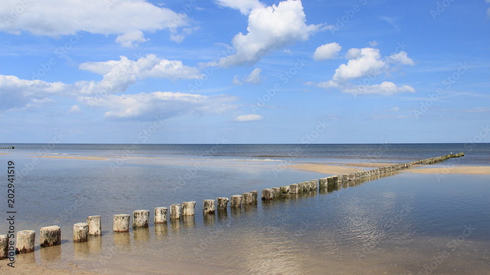 Wooden Groynes On Baltic Seaside  During Springtime With Warm Sunshine And Cloudy Blue Sky On Usedom Island. Germany 