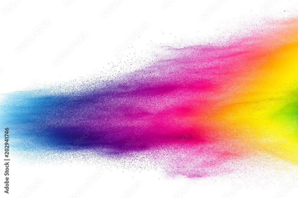 Multi color powder explosion on white background. Launched colorful dust particles splashing. Multi color powder explosion on white background. Launched colorful dust particles splashing.