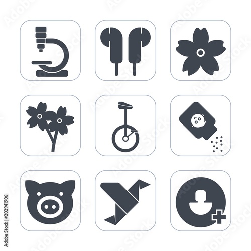 Premium fill icons set on white background . Such as beautiful, bottle, bike, origami, cherry, powder, art, flower, nature, white, audio, sound, paper, laboratory, baby, equipment, swine, pork, sakura