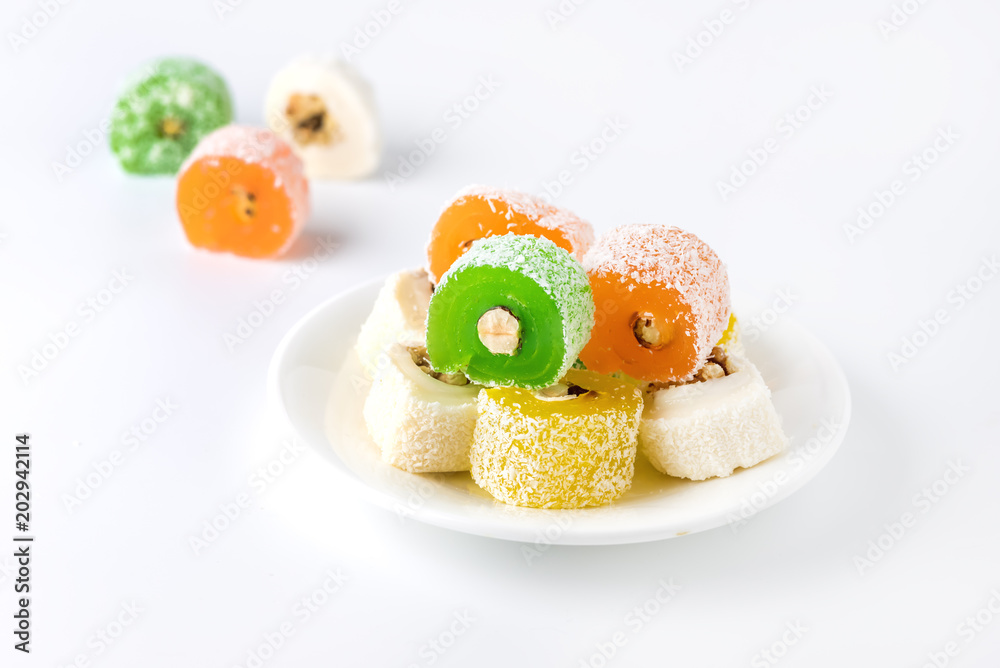 Variety of Turkish Delight Lokum Sweet Turkish delight lokum Traditional dessert White background Variety of Turkish Delight Lokum Sweet Turkish delight lokum Traditional dessert White background