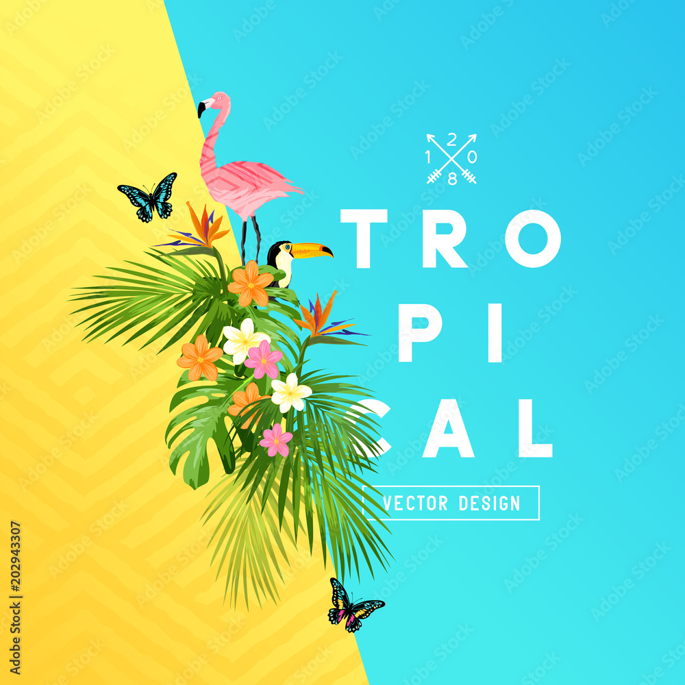 Tropical rainforest summer design with palm tree leaves, Plumeria, and ...