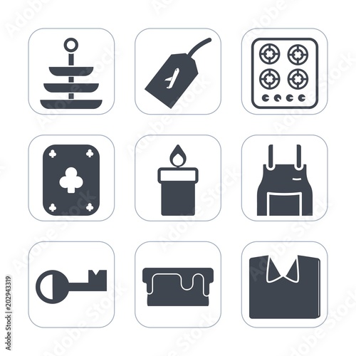 Premium fill icons set on white background . Such as poker, candle, card, fly, cook, fire, chef, dessert, clothing, pinafore, apron, restaurant, wax, fashion, sign, cake, sweet, key, meal, gas, flight