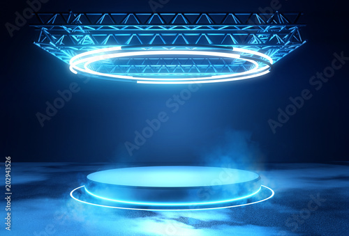 A futuristic technology blank platform with blue glowing neon round lighting. Science fiction 3D illustration. photo