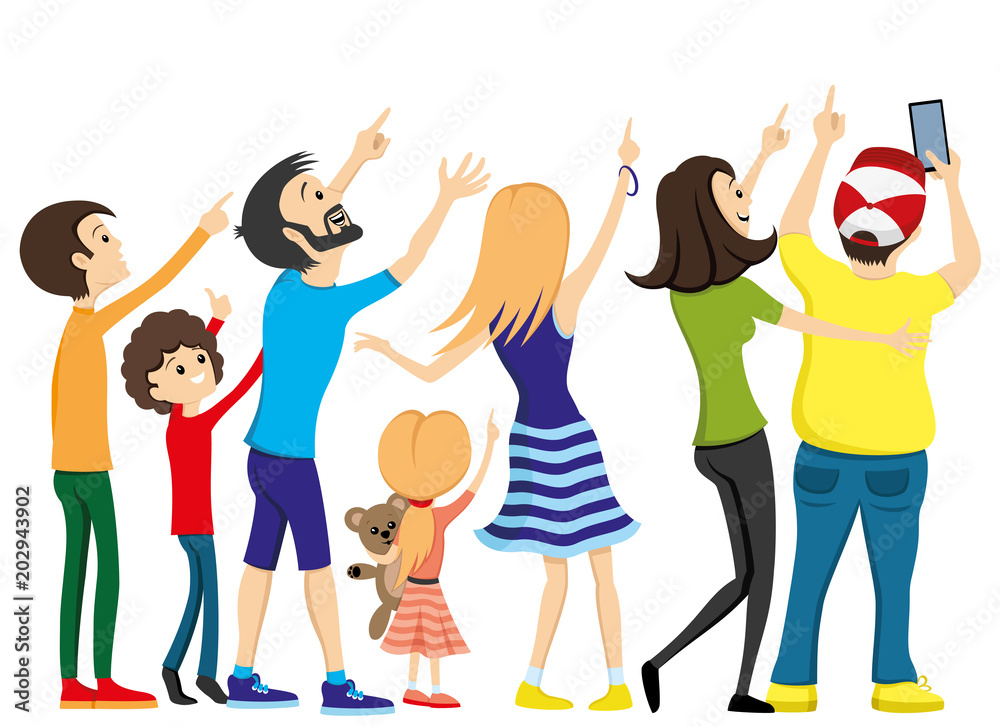 Group of people looking up and pointing with a finger. Group of people looking up and pointing with a finger.