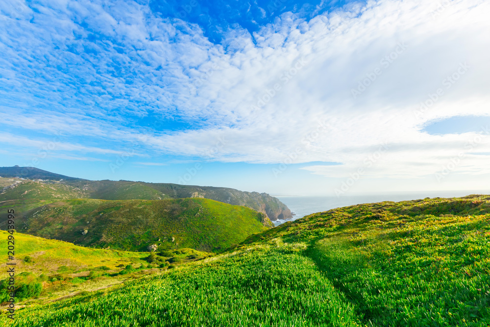 beautiful hills with green grass and the ocean that connects to the sky