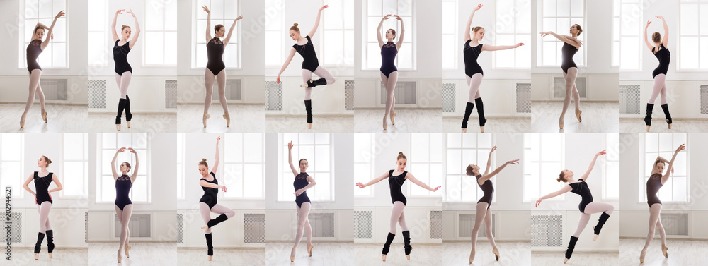 Collage of young ballerina standing in ballet poses - obrazy, fototapety, plakaty 