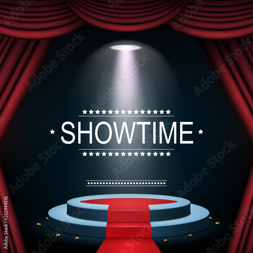 Showtime banner with podium and curtain illuminated by spotlights