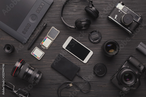 Diverse personal equipment for photographer photo