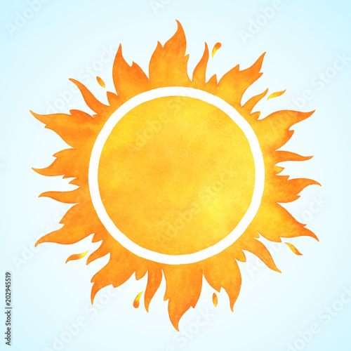 Watercolor vector sun with wavy tongues of fire, flame crown and sparks. Round aquarelle border, frame with space for text. Orange and yellow watercolour circle template.