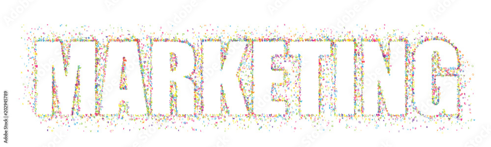 MARKETING colorful typography banner composed of tiny letters