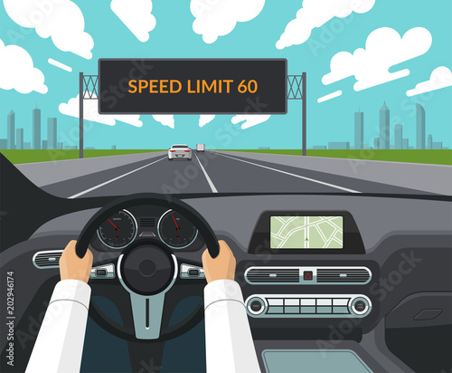 Drive safety concept. The driver's hands on the steering wheel, the dashboard, the car interior, the highway with traffic and the electronic billboard informating about speed limit. Flat style photo