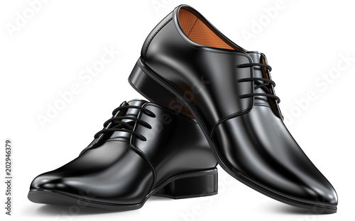 Men's fashion shoes black, classic design. Pair of manly boots 3d rendering isolated on white background.
