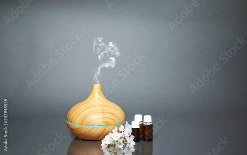 Electric Essential oils Aroma diffuser, oil bottles and flowers on gray surface with reflection