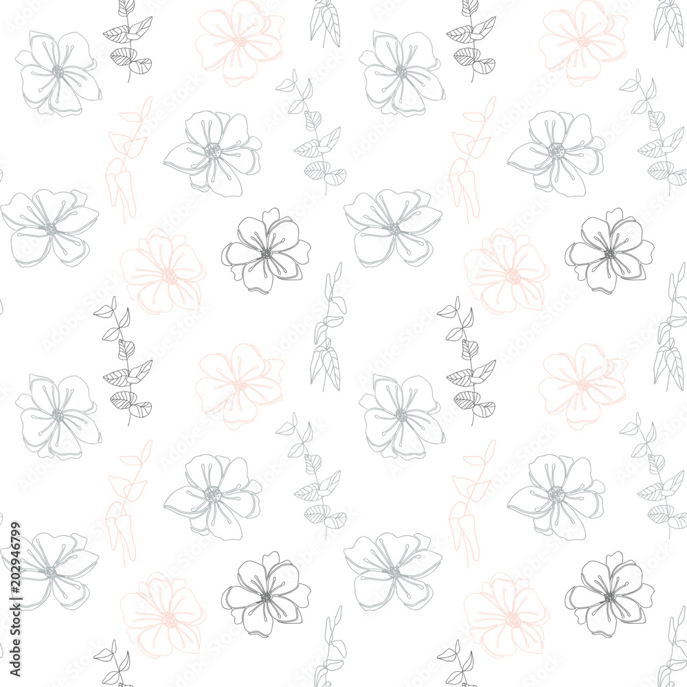 Anemone flowers floral vector seamless pattern. Hand drawn flowers and twigs